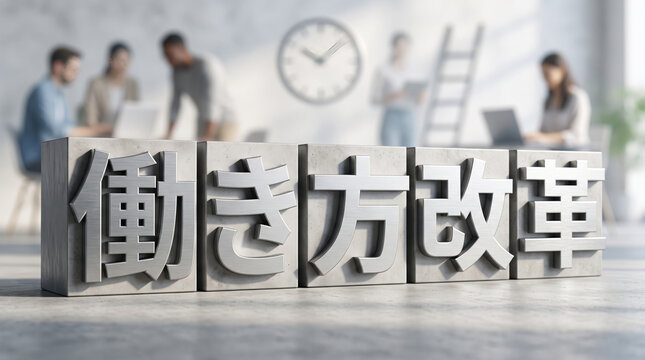 オフィス背景と「働き方改革」の3D文字ブロック