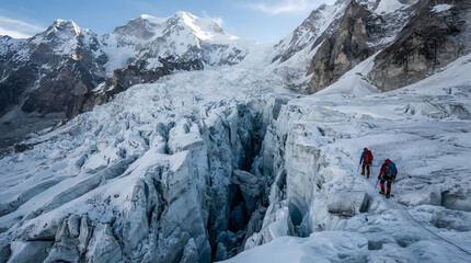Fototapeta premium Two mountain climbers trekking across a massive snow and ice glacier with deep crevasses and towering Himalayan peaks.