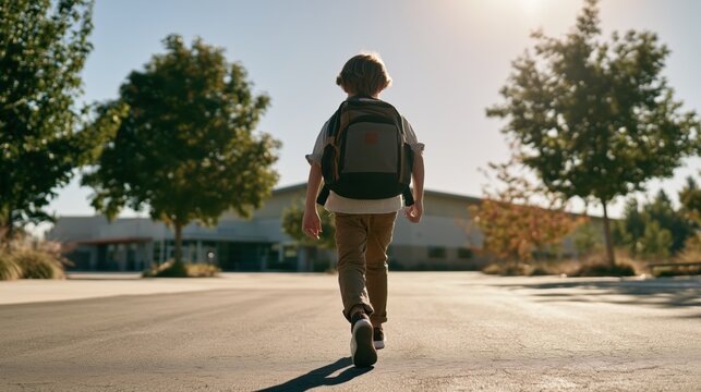 Low-angle lifestyle photo of a school-age child walking to a modern school with a new backpack, face hidden, morning sunlight, green trees and subtle autumn foliage.