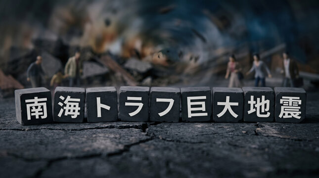 「南海トラフ巨大地震」の文字と荒廃した街のミニチュアで見る防災と災害危機概念
