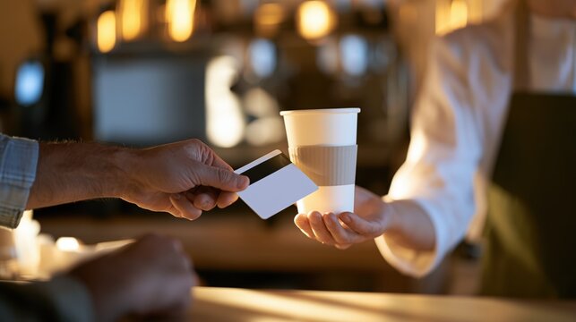 Modern coffee shop counter with barista serving takeaway coffee as a customer pays by contactless card, hands only, warm cozy interior and softly blurred coffee machine.