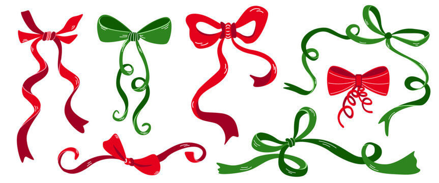 Traditional Christmas ribbon bows in red and green colors. Decorative elements for gift wrapping. Vector illustration for holiday cards, packaging and holiday design.