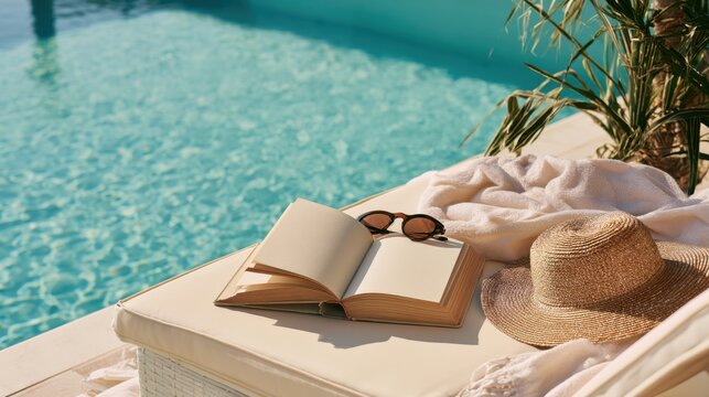 Open book on a luxury sun lounger beside a crystal clear pool, with sunglasses, straw hat, soft towel and tropical plants in warm natural summer sunlight.