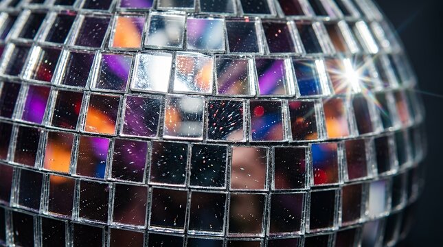 Macro perspective of a reflective disco globe Detail shot of a gleaming multifaceted mirrored sphere  reflection mirror ball disco glass shiny light glitter party macro closeup sphere