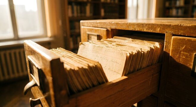 Open wooden card catalog drawer filled with aged index cards in a sunlit vintage library or archive room.