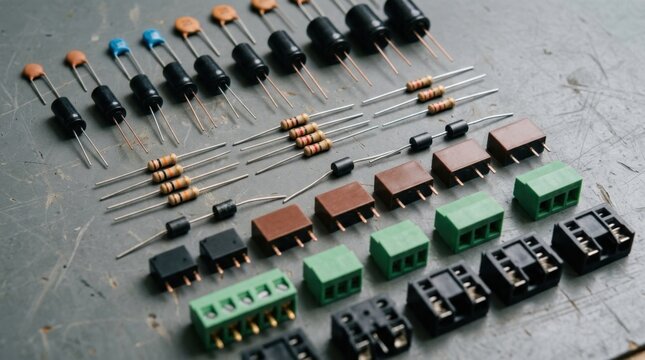 Knolling layout of capacitors, resistors, relays, terminal blocks, ferrite beads, and connectors on a gray workbench.