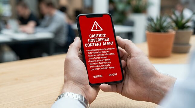 A person gripping a mobile device which displays a crimson caution screen indicating questionable material data validation False reports unconfirmed rumors dubious source electronic peril info