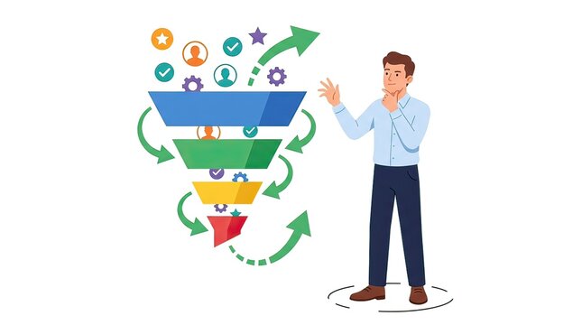 Professional Man Observing Multi Level Funnel Diagram with Arrows and Icons