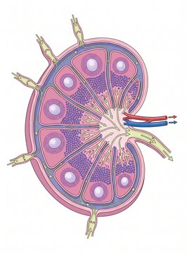 Detailed cross-sectional diagram of nephron anatomy showing filtration units in renal cortex and medulla