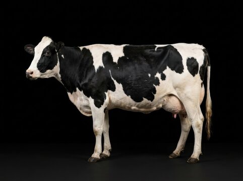 A black and white holstein cow standing in profile against a solid black background