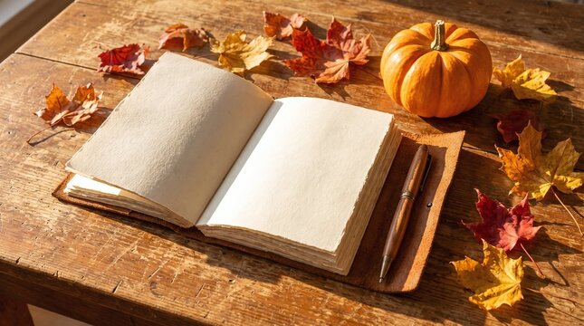 Golden light illuminates an open journal and pen, surrounded by colorful autumn leaves and a decorative pumpkin, creating a cozy and reflective seasonal tableau perfect for fall inspiration