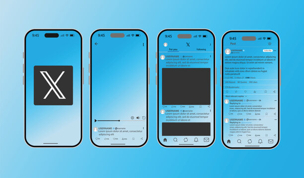 X social media app mobile UI wireframe template set. smartphone mockup displaying X. X interface layout with post feed. news feed, and profile interface on blue gradient background