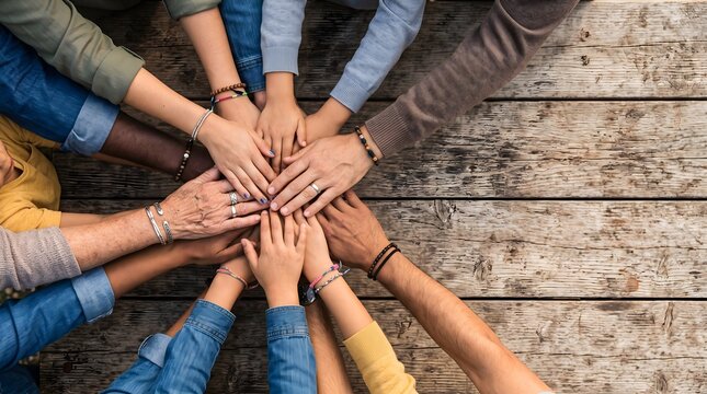 Multigenerational Family Hands Stacked Together in Circle, Unity and Togetherness Concept Top View