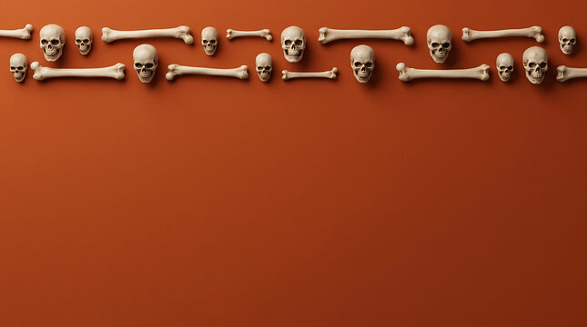 A simple and stark composition featuring human skulls and skeletal bones set against a rich burnt orange backdrop ideal for halloween designs