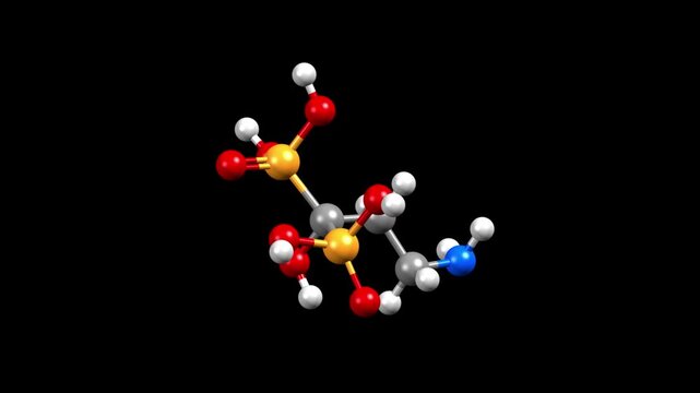 Structure of pamidronic acid, a medicine for osteoporosis. Animated 3D ball-and-stick and spacefill models, black background.