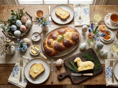Easter breakfast table setting with braided bread, butter lamb, floral decorations, and painted eggs on a rustic wooden table