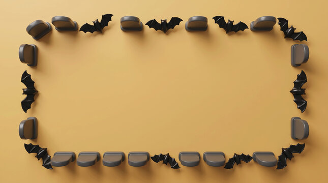 Vampire teeth and black bats forming a rectangular frame on an orange background for halloween.