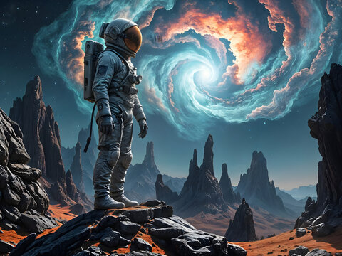 An astronaut surveys a canyon of towering rock spires beneath a swirling teal-and-orange spiral nebula lighting up the alien sky. Vivid sci-fi exploration artwork.