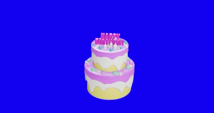 Birthday cake on blue monochrome backgraund. 3d render video. 