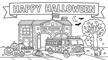 Fototapeta premium Coloring page of a halloween fire station with fire truck, pumpkins, ghost, and tree