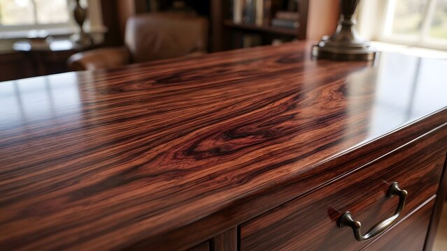 Detailed view of a polished dark wood desk surface with intricate grain patterns and a vintage drawer pull.
