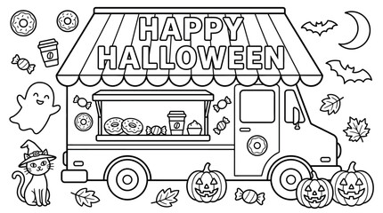 Fototapeta premium Halloween food truck coloring page with donuts, coffee, candy, ghost, cat, pumpkins, and bats