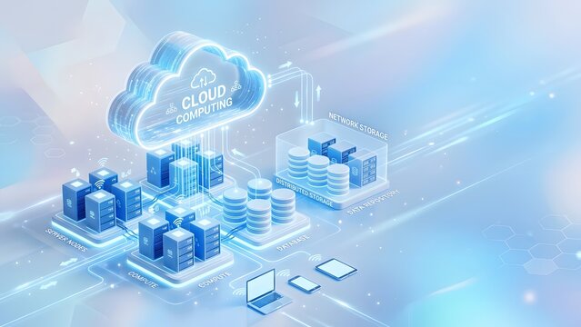 Conceptual illustration of cloud computing architecture with servers, data storage, and network elements