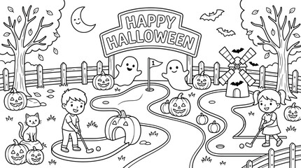 Fototapeta premium Coloring page of kids playing halloween miniature golf