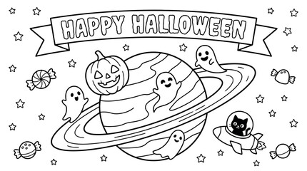 Happy halloween coloring page with a cute planet, ringed planet, ghosts, cat in a rocket, candy, and stars © Essential Design Lab