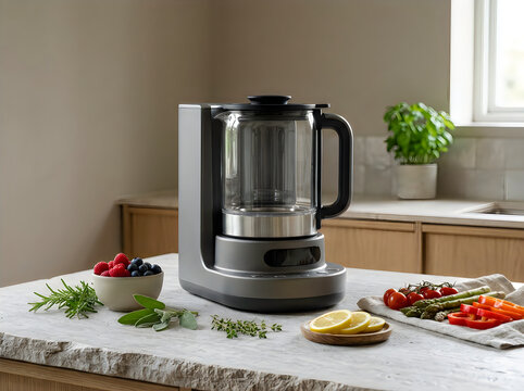 Modern electric soup maker appliance sitting on a marble kitchen countertop with fresh vegetables and ingredients nearby