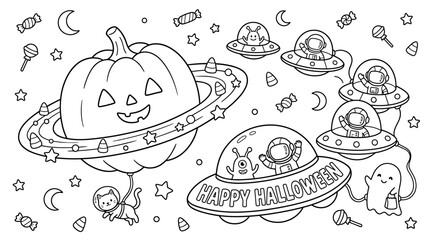 Halloween space coloring page with a pumpkin planet, ufos, astronauts, and a cute ghost © Essential Design Lab
