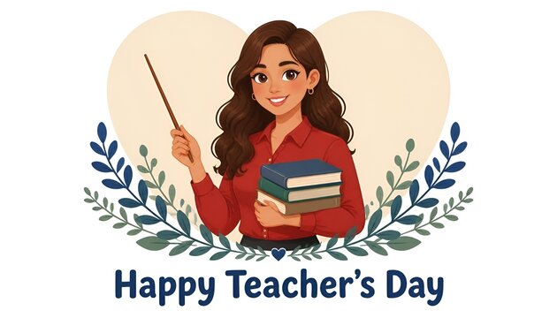 Happy Teachers Day cartoon banner with female teacher holding books