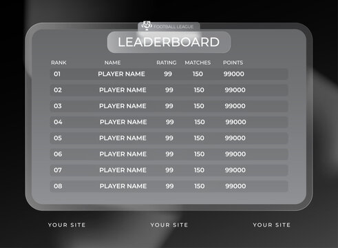 Dark monochrome football leaderboard with a glassmorphism panel, player rankings, ratings, matches, points, and sleek broadcast-style interface.