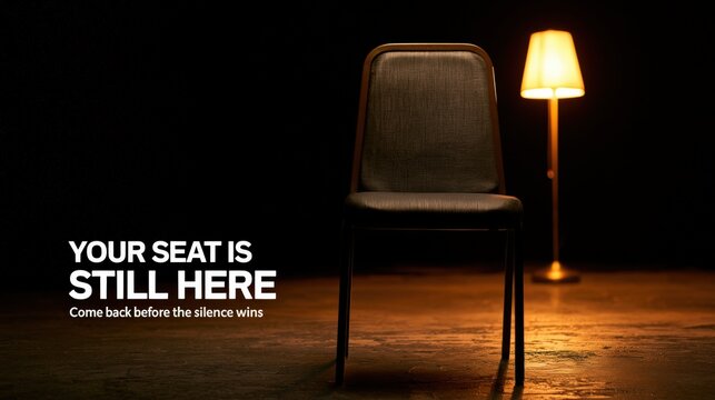 Empty chair in support group circle with warm lamp and sobriety invitation message
