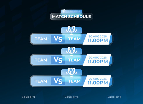 Modern football match schedule UI template with glassmorphism panels, team matchups, dates, times, and glossy blue gradient styling.