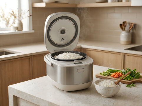 Modern electric rice cooker with freshly cooked white rice inside on a kitchen countertop