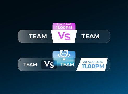 Modern football match schedule graphic featuring team matchups, versus panels, date and time details, glassmorphism, and sleek gradient styling.
