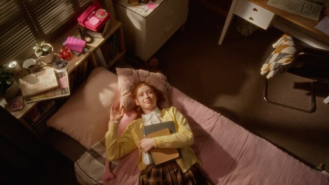 Portrait of Caucasian female teenager lying on bed, holding school notebooks and smiling at camera, high angle view. Footage is perfect for back-to-school ads and student mental health campaigns