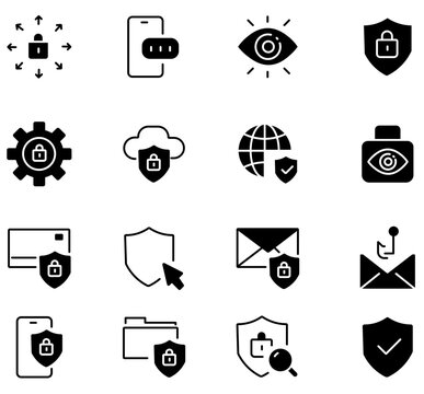 Cybersecurity icon set, 16 black solid vector icons for data protection. Network security symbols, digital privacy and encryption graphics.