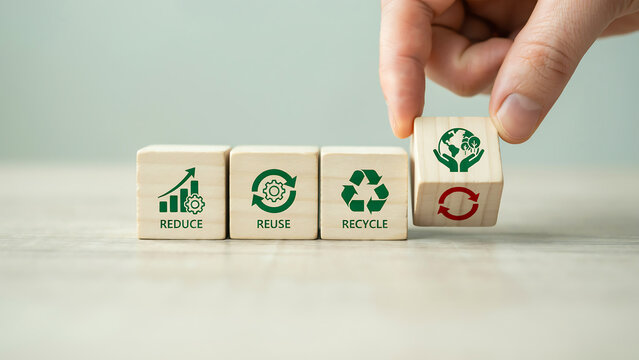 Hand placing sustainability block with recycle symbol on reduce reuse recycle wooden blocks