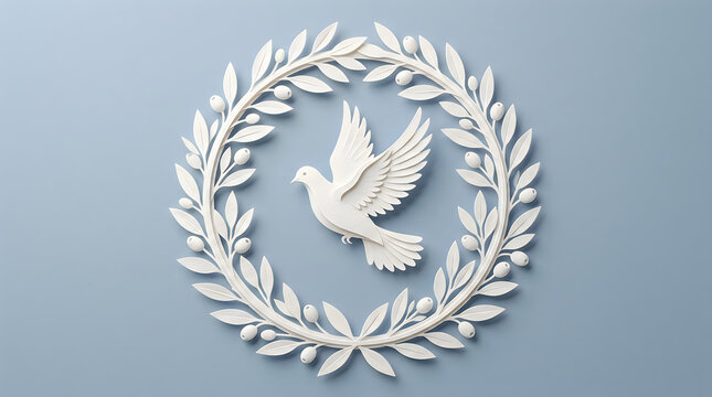 White dove flying inside a laurel wreath on a blue background for international peace day concept
