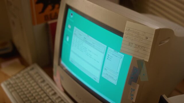 Retro CRT computer monitor displaying vintage operating system and chat window on desk. Vintage technology footage perfect for nineties nostalgia marketing or early internet history videos