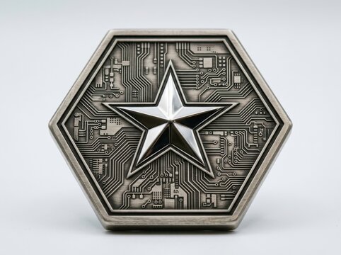 A metallic hexagonal emblem featuring a central star surrounded by intricate circuit board patterns, isolated on white background