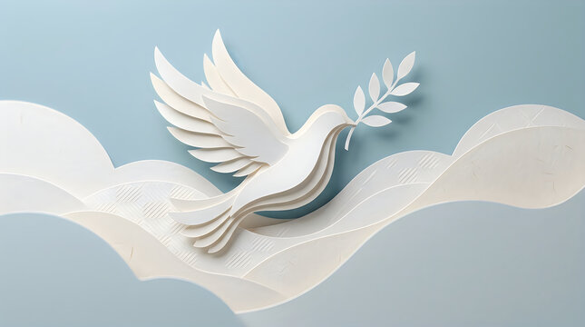 A beautiful paper craft white dove with an olive branch representing hope for international peace day celebrations