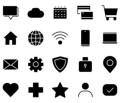 Minimalist black web icons set, 20 flat vector UI elements for business and technology, clean solid interface symbols