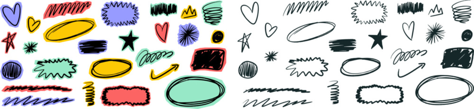 Hand drawn doodle elements with hearts, stars, circles, arrows, frames and scribbles in colorful and black outline styles for creative graphic design