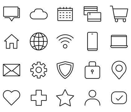 Minimalist line icons set, 20 thin stroke vector symbols for web and mobile UI, clean black outline business and technology graphics