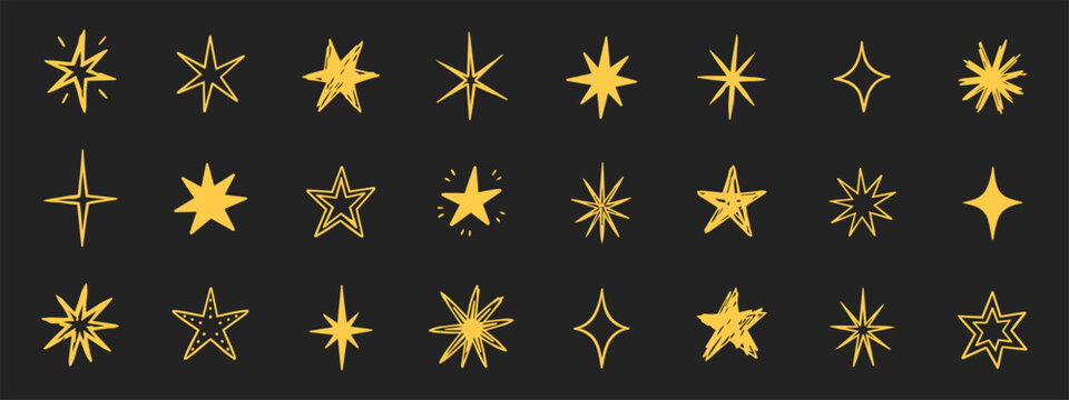 Golden hand drawn star and sparkle doodle collection on dark background. Decorative celestial shapes for festive posters, branding and social media