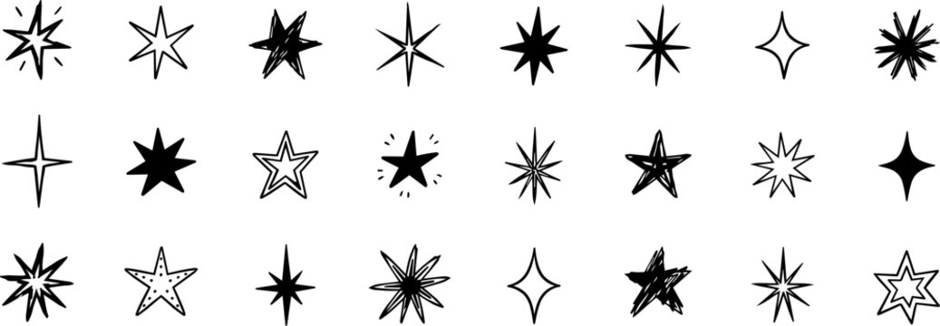Hand drawn star and sparkle doodle collection in black on transparent background. Sketch celestial shapes ideal for stickers, posters and decorative designs