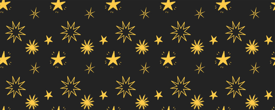 Seamless pattern of golden hand drawn stars and sparkles on dark background. Festive celestial design for wrapping paper, textiles and holiday decor